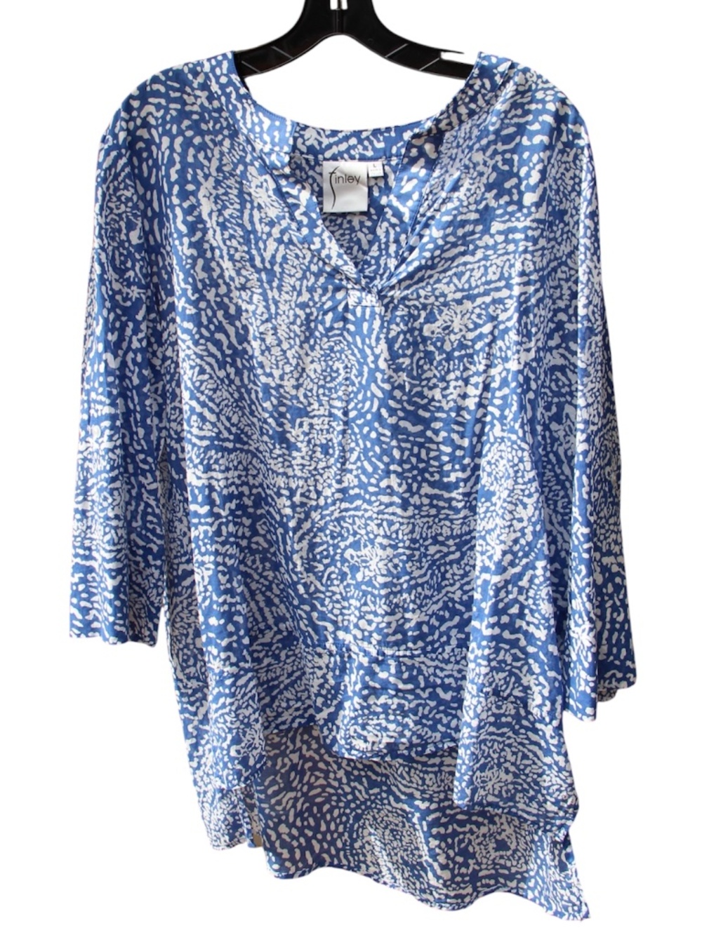 Finley Blue Abstract 3/4 Length Sleeve Tunic Top Boho Holiday Cotton Pullover L